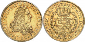 Philippe V (1700-1746). 8 escudos 1736, Mo, Mexico.
Av. PHILIP. V. D. G. HISPAN. ET. IND. REX (date). Buste cuirassé à droite. Rv. INITIUM SAPIENTIÆ ...