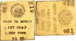 République fédérale (depuis 1917). Lingotin de 50 g de la Casa de moneda ND (XXe s.), Mexico.
Av. Sous les armes du Mexique : CASA DE MONEDA / LEY 99...