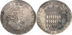Honoré II (1604-1662). Écu de 60 sols 1649, Monaco.
Av. * HONORATVS° II° D° G° PRINCEPS° MONOECI. Buste du Prince tourné à droite, cuirassé, portant ...