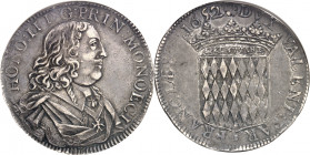 Honoré II (1604-1662). Écu de 60 sols 1652, Monaco.
Av. HONO. II. D. G. PRIN: MONOECI. Buste du Prince tourné à droite, portant la croix du Saint-Esp...