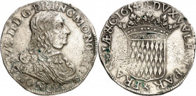 Honoré II (1604-1662). Écu 1654, Monaco.
Av. HONORATVS II D G. PRINC. MONŒCI. Buste drapé et cuirassé à droite avec le cordon de l’Ordre du Saint-Esp...