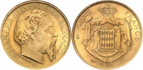 Charles III (1853-1889). 100 (Cent) francs 1886, A, Paris.
Av. CHARLES III PRINCE DE MONACO. Tête nue à droite, au-dessous signature PONSCARME et (at...