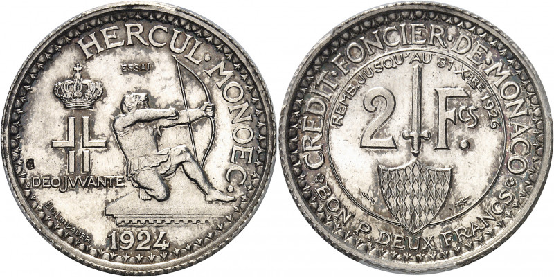 Louis II (1922-1949). Essai de 2 francs en argent 1924, éclair, Poissy.
Av. HER...