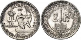 Louis II (1922-1949). Essai de 2 francs en argent 1924, éclair, Poissy.
Av. HERCUL. MONOEC. Hercule avec son arc sur un entablement ; à gauche, chiff...