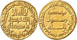 Abbassides, époque d’Abu I al-Abbas Abdallah al-Saffah (750-754). Dinar anonyme AH 132 (750).
Av. Légende circulaire. Légende en trois lignes. Rv. Lé...