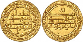 Abbasssides, Abû al-Abbâs Al-Mutamid (870-892). Dinar aux noms d’al-Muwaffaq billah et Ahmad bin al-Muwaffad billah AH 278 (891), Sana’a.
Av. Double ...