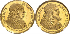 Jean III Sobieski (1674-1696). Médaille Or de 3 ducats, retour d’Aegidius Strauch à Gdansk 1678.
Av. ÆGIDIUS STRAUCH S. S. THE. D. Buste à droite, au...