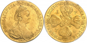 Catherine II (1762-1796). 10 roubles 1778, Saint-Pétersbourg.
Av. Légende en cyrillique. Buste couronné et lauré à droite, au-dessous (atelier). Rv. ...