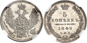 Nicolas Ier (1825-1855). 5 kopecks 1849, Saint-Pétersbourg.
Av. Aigle bicéphale éployée et couronnée. Rv. Dans une couronne : (valeur) date) et (atel...