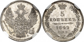 Nicolas Ier (1825-1855). 5 kopecks 1849, Saint-Pétersbourg.
Av. Aigle bicéphale éployée et couronnée. Rv. Dans une couronne : (valeur) date) et (atel...