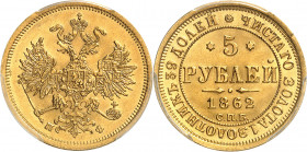 Alexandre II (1855-1881). 5 roubles 1862, Saint-Pétersbourg.
Av. Aigle bicéphale éployée et couronnée. Rv. Légende en cyrillique. Au centre : 5 ROUBL...