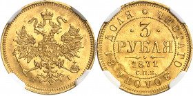 Alexandre II (1855-1881). 3 roubles 1871, Saint-Pétersbourg.
Av. Aigle bicéphale éployée et couronnée. Rv. Légende en cyrillique. Au centre : 3 ROUBL...