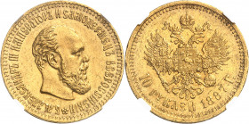 Alexandre III (1881-1894). 10 roubles 1887, Saint-Pétersbourg.
Av. Légende en cyrillique. Tête nue à droite. Rv. Aigle bicéphale éployée et couronnée...