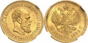Alexandre III (1881-1894). 10 roubles 1889, Saint-Pétersbourg.
Av. Légende en cyrillique. Tête nue à droite. Rv. Aigle bicéphale éployée et couronnée...