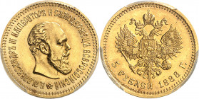Alexandre III (1881-1894). 5 roubles 1888, Saint-Pétersbourg.
Av. Légende en cyrillique. Tête nue à droite. Rv. Aigle bicéphale éployée et couronnée,...