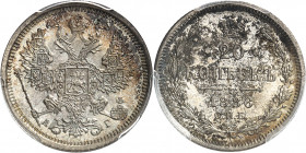Alexandre III (1881-1894). 20 kopecks 1886, Saint-Pétersbourg.
Av. Aigle bicéphale éployée et couronnée. Rv. Dans une couronne : (valeur) (date) et (...