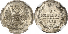 Alexandre III (1881-1894). 5 kopecks 1888, Saint-Pétersbourg.
Av. Aigle bicéphale éployée et couronnée. Rv. Dans une couronne : (valeur) (date) et (a...