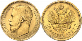 Nicolas II (1894-1917). 15 roubles 1897, Saint-Pétersbourg.
Av. Légende en cyrillique. Tête à gauche de Nicolas II. Rv. 15 ROUBLES (date). Aigle impé...