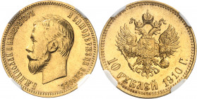 Nicolas II (1894-1917). 10 roubles 1910, Saint-Pétersbourg.
Av. Légende en cyrillique. Tête à gauche de Nicolas II. Rv. 10 ROUBLES (date). Aigle impé...