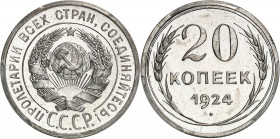 URSS (1922-1991). 20 kopecks, Flan bruni (PROOF) 1924, Leningrad.
Av. Légende en cyrillique. Armes au centre au-dessus de C.C.C.P. Rv. Dans une couro...