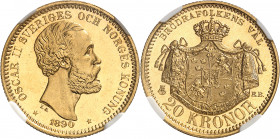 Oscar II (1872-1907). 20 kronor, aspect Flan bruni (PROOFLIKE) 1890, Stockholm.
Av. OSCAR II SVERIGES OCH NORGES KONUNG. Tête nue à droite, signature...