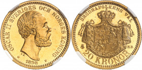Oscar II (1872-1907). 20 kronor, Flan bruni (PROOF) 1898, Stockholm.
Av. OSCAR II SVERIGES OCH NORGES KONUNG. Tête nue à droite, signature LA. et (da...