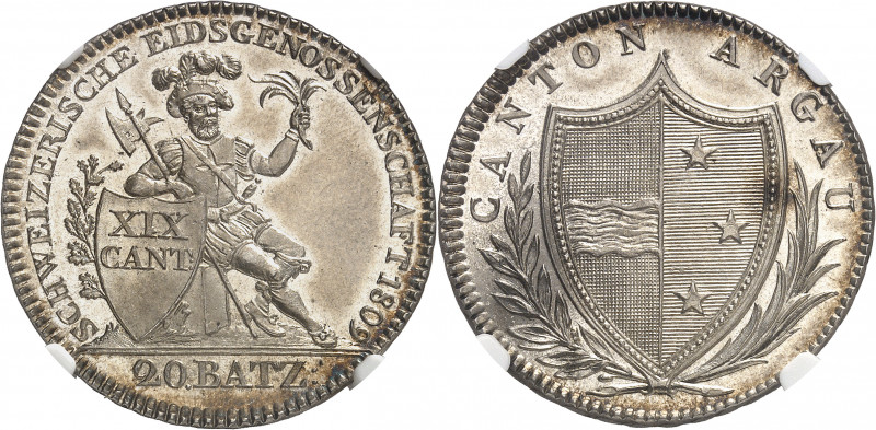 Argovie-Aargau (canton d’). 20 batzen 1809, Berne.
Av. CANTON ARGAU. Écu du can...