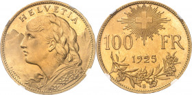 Confédération Helvétique (1848 à nos jours). 100 francs 1925, B, Berne.
Av. HELVETIA. Buste d’Helvetia à gauche ; signature F. LANDRY. Rv. Entre une ...