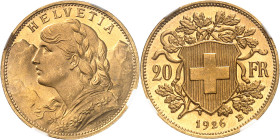 Confédération Helvétique (1848 à nos jours). 20 francs 1926, B, Berne.
Av. HELVETIA. Buste d’Helvetia à gauche ; signature F. LANDRY. Rv. Entre une c...