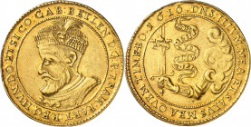 Transylvanie, Gabriel Bethlen, (1613-1629). 10 ducats 1616, Klausenburg (Cluj-Napoca).
Av. GAB. BETHLEN D: G: P: TRAN: PART: REG: HVN: DO: ET SI: CO:...