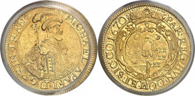 Transylvanie, Michel Apafi Ier (1661-1690). 10 ducats 1670, AF Făgăraș (Arx Fogarasch).
Av. MICHAEL. APAFI. D. G. PRIN. TRAN. Buste à mi-corps, cuira...