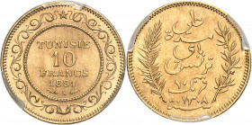 Ali III Bey (1882-1902). 10 francs Or 1891 - AH 1308, A, Paris.
Av. TUNISIE 10 FRANCS (date) (atelier), dans une bordure florale. Rv. Légende et (dat...