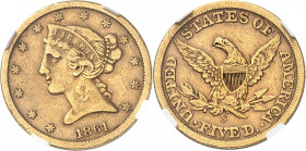 République fédérale des États-Unis d’Amérique (1776-à nos jours). 5 dollars Liberty 1861, S, San Francisco.
Av. ************* Tête de la Liberté à ga...