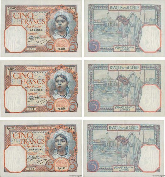 Country : ALGERIA 
Face Value : 5 Francs Consécutifs 
Date : 09 juin 1933 
Perio...