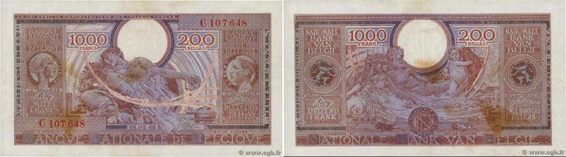 Country : BELGIUM 
Face Value : 1000 Francs - 200 Belgas  
Date : 01 février 194...
