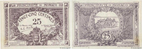 Country : MONACO 
Face Value : 25 Centimes violet  
Date : 1920 
Period/Province/Bank : Principauté de Monaco 
Catalogue reference : P.2a 
Alphabet - ...