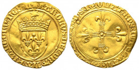 Charles VIII 1483-1498 
Écu or au soleil, Limoges, 2ème émission (1494), point 10ème, AU 3.39 g.
Ref: Dup 575c, C. 794, Fr. 319
Conservation : TTB