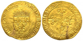 Charles VIII, 1483-1498
Ecu d'or au soleil, Bordeaux, émission de 1494, AU 3.28 g.
Ref : Dup. 575, C. 794, Fr. 319
Conseervation : Cassure du flan vis...