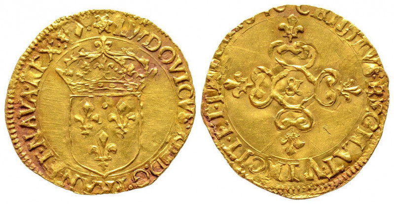 Louis XIII 1610-1643
Ecu d'or au soleil, Aix, date illisible, &, AU 3.39 g.
Ref ...