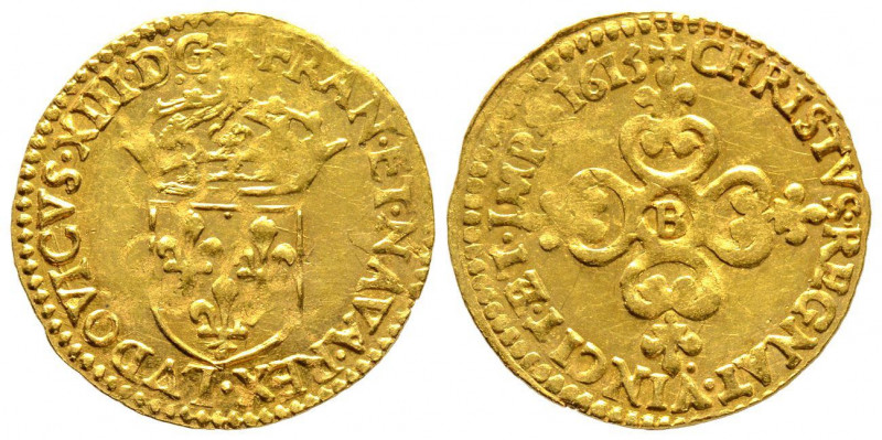 Louis XIII 1610-1643
Ecu d'or au soleil, Rouen, 1615 B, AU 3.36 g. 
Ref : G. 55,...