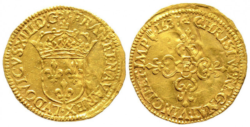 Louis XIII 1610 1643
Écu d'or, Rouen, 1637 B, Main, AU 3.37 g.
Ref : G. 55 (R2),...