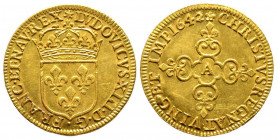 Louis XIII 1610 1643
Écu d'or frappé à la presse mécanique (au moulin), Paris, 1642 sur 41 A, AU 3.41 g.
Ref : G. 55 (R2), Fr. 398
Conservation : SUP/...