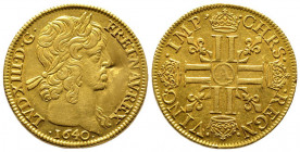 Louis XIII 1610-1643
Double louis d'or, 2ème type mèche courte sans baies Paris, 1640 A, AU 13.43 g.
Ref : G.59 (R), Fr.409
Conservation : traces de m...