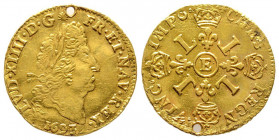 Louis XIV 1643-1715
1/2 Louis d'or aux 4 L, rf, Tours, 1693 E, AU 3.27 g.
Ref : G. 240 (R2), Fr. 434
Conservation : Trouée sinon TTB