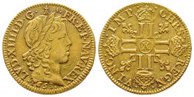 Louis XIV 1643-1715
Louis d'or à la mèche longue, Amiens, 1653 X, AU 6.69 g.
Ref : G. 245 (R2), Fr. 418
Conservation : TTB/SUP. Très Rare
