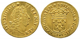 Louis XIV 1643-1715
Faux d'époque d'un Louis d'or à l'Écu, rf, Tours, 1691 E, AU 5.66 g.
Ref : var. G. 250 
Conservation : TTB. Rare