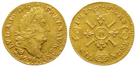 Louis XIV 1643-1715
Louis d'or aux 4 L, rf, Lyon, 1694 D, flan etroit, AU 6.1 g.
Ref : G. 252, Fr. 433
Conservation : TTB+