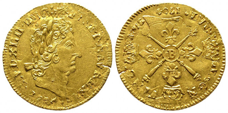 Louis XIV 1643-1715
Louis d'or aux insignes, rf, Rouen, 1704 B, AU 6.68 g.
Ref :...