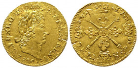 Louis XIV 1643-1715
Louis d'or aux insignes, rf, Rouen, 1704 B, AU 6.68 g.
Ref : G. 254 (R), Fr. 439
Conservation : rayures sinon Superbe
Double frapp...