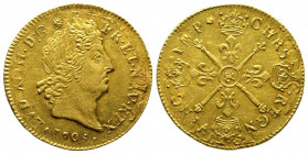 Louis XIV 1643-1715
Louis d'or aux insignes, rf, Aix, 1705 &, AU 6.66 g.
Ref : G. 254 (R), Fr. 439
Conservation : presque Superbe